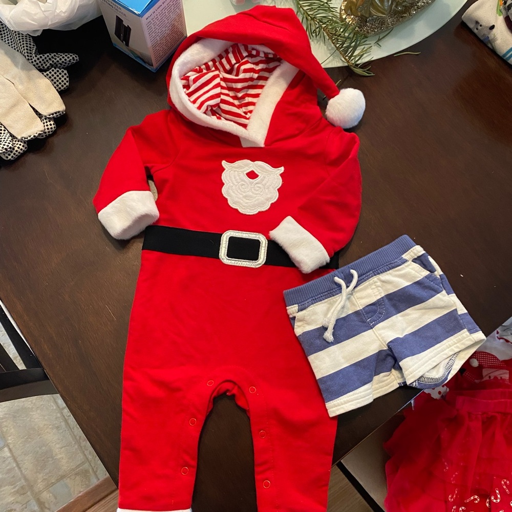 Cat & Jack Red Santa One Piece with Blue Striped Shorts